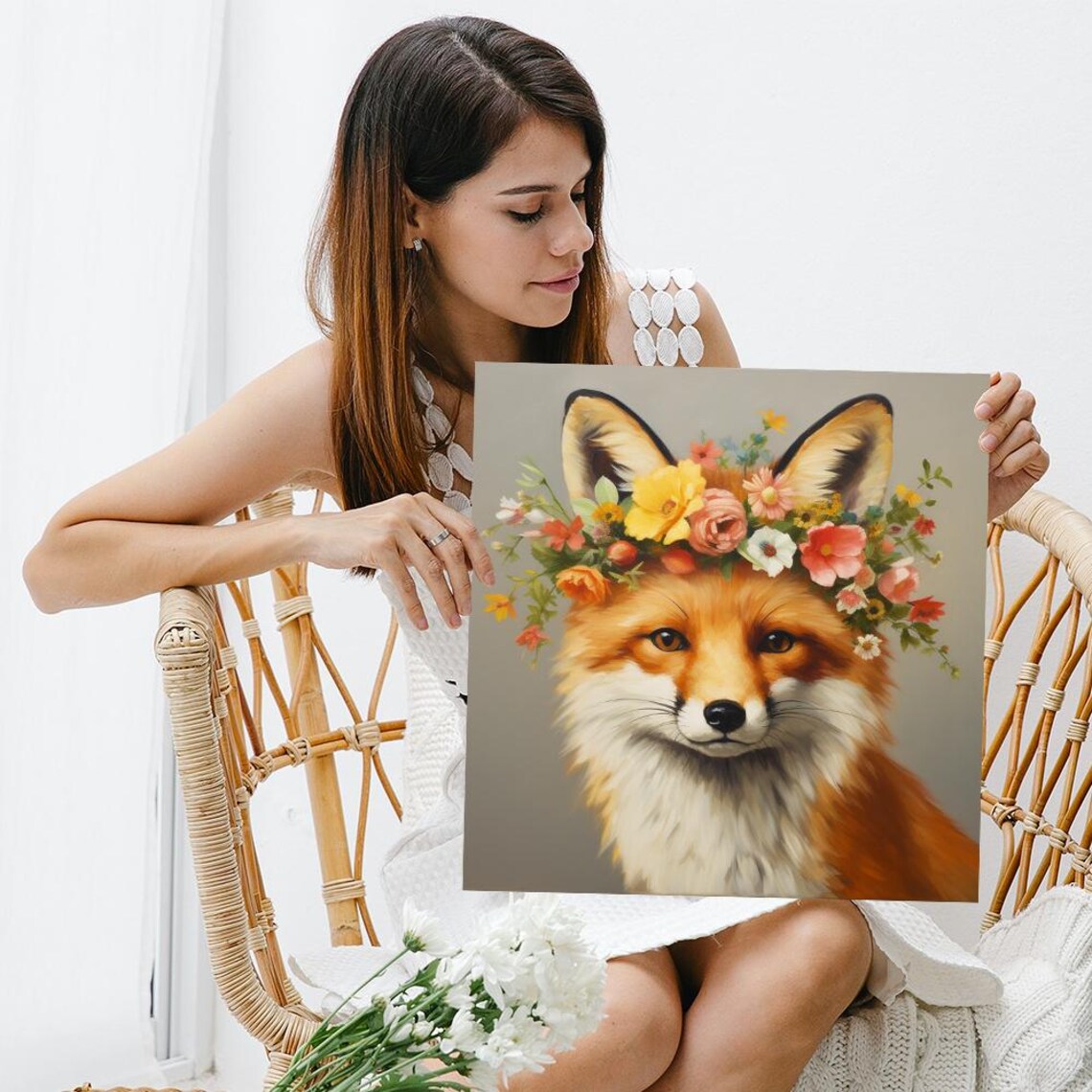 Fox Floral Crown Painterly Portrait Whimsical Woodland Boho Animal Wall Art Print - Image 3