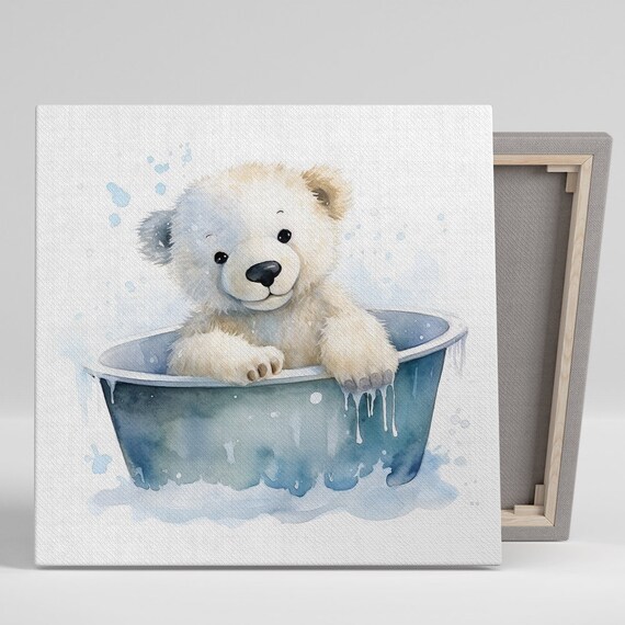 Cute Polar Bear Cub Bubble Bath Nursery Watercolor Animal Poster
