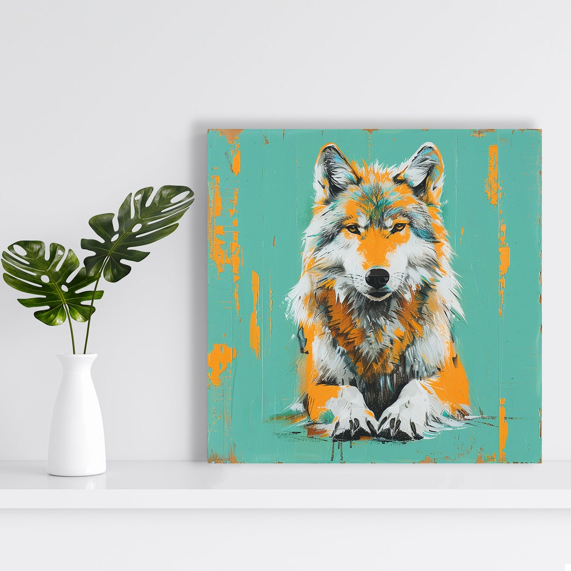 Orange Grey Wolf On Teal Rustic Spirit Wildlife Portrait Poster - Image 2