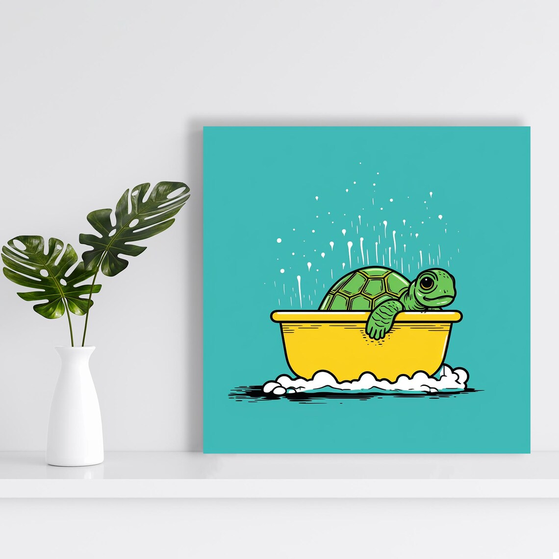 Cute Green Turtle Splashing In Yellow Bathtub Cartoon Wall Poster - Image 2