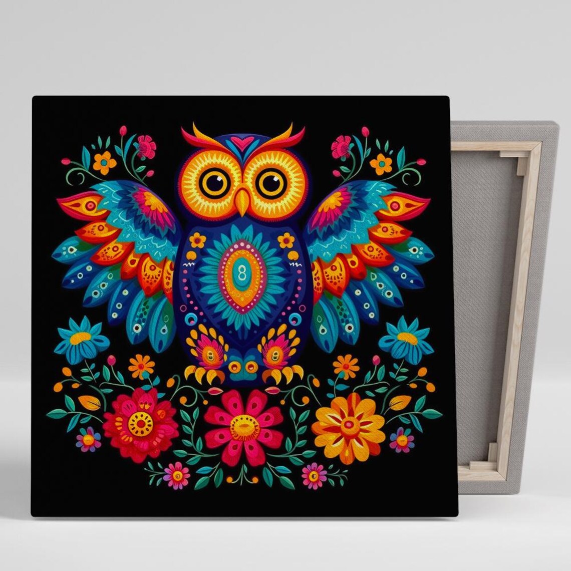 Owl Mandala Mexican Folk Art Colorful Floral Black Background Wall Poster