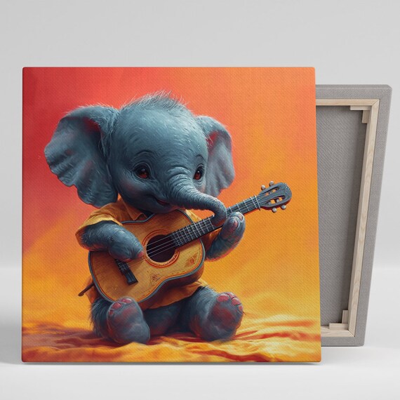Baby Elephant Guitar Serenade Warm Sunset Nursery Animal Music Poster