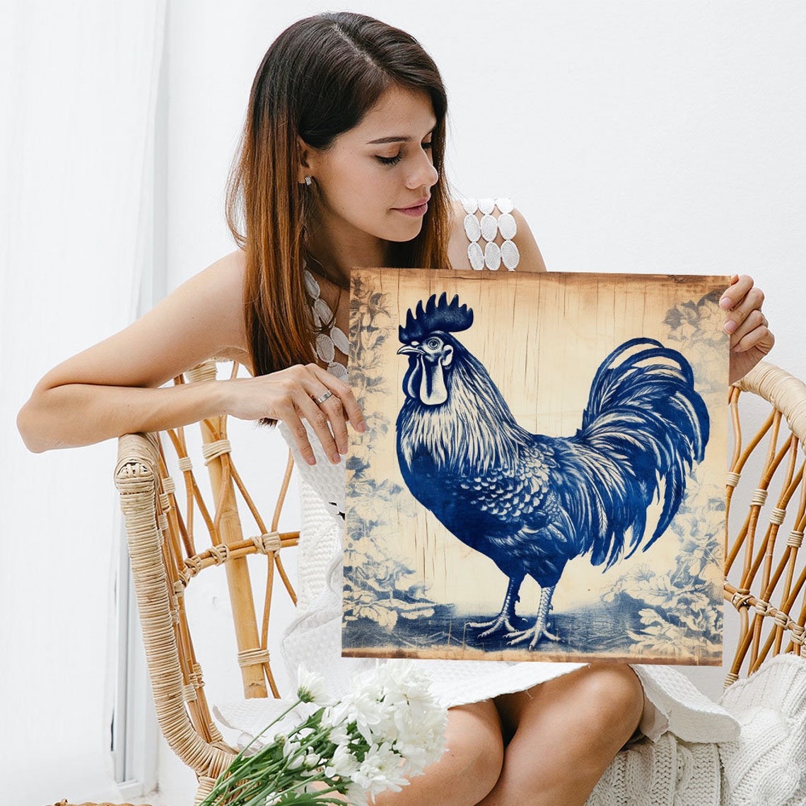 Navy Blue Rooster Vintage Aged Paper Rustic Farmhouse Wall Poster - Image 3