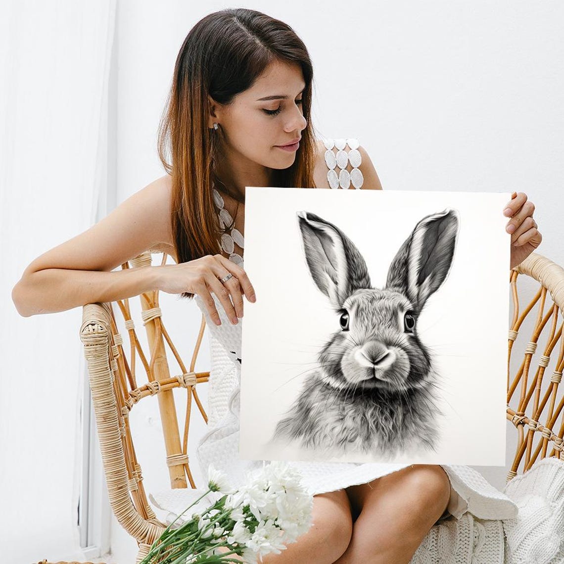 Hare Face Pencil Sketch Black And White Animal Wall Art Decor Poster - Image 3