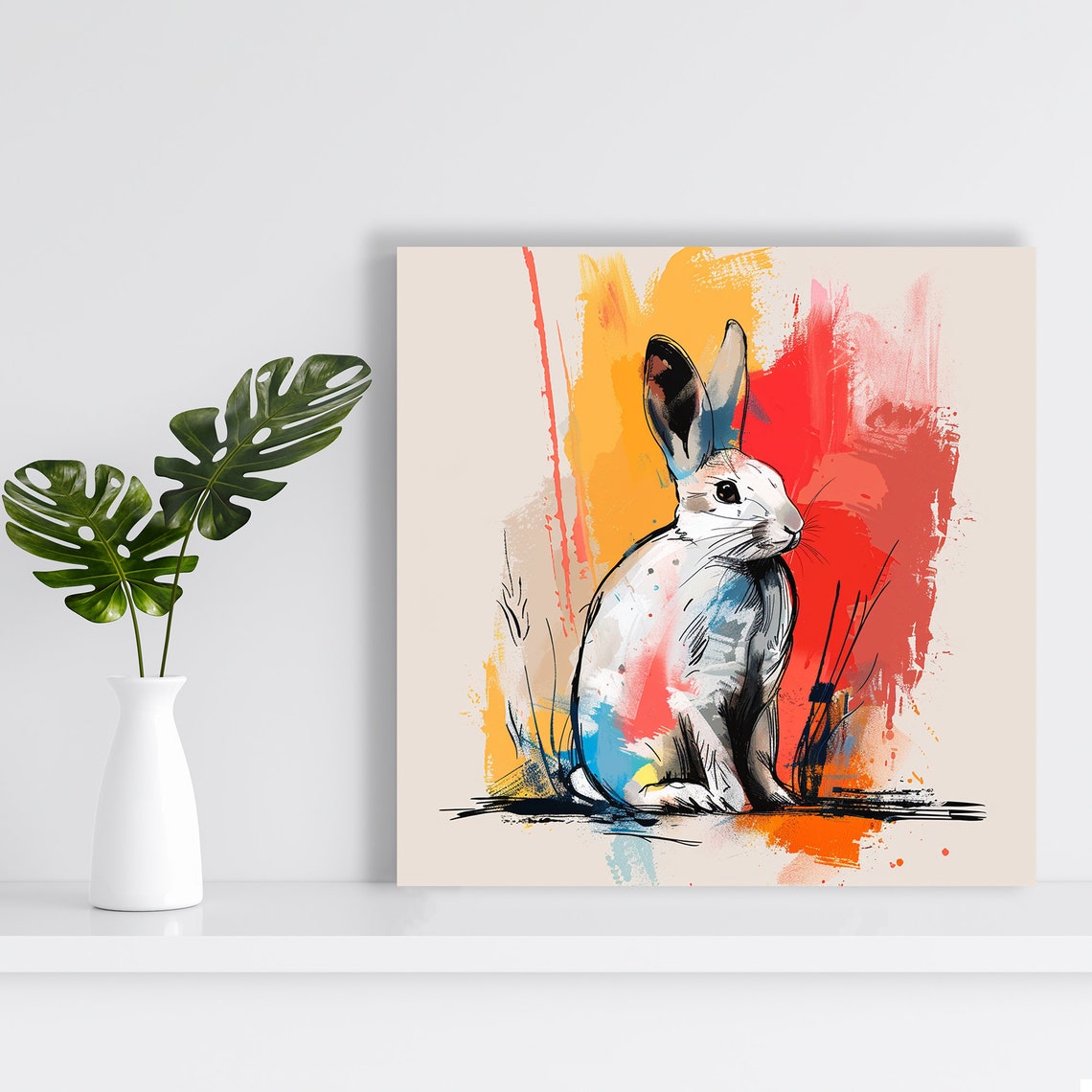 White Rabbit Paint Splash Abstract Whimsical Bunny Wall Art Poster - Image 2