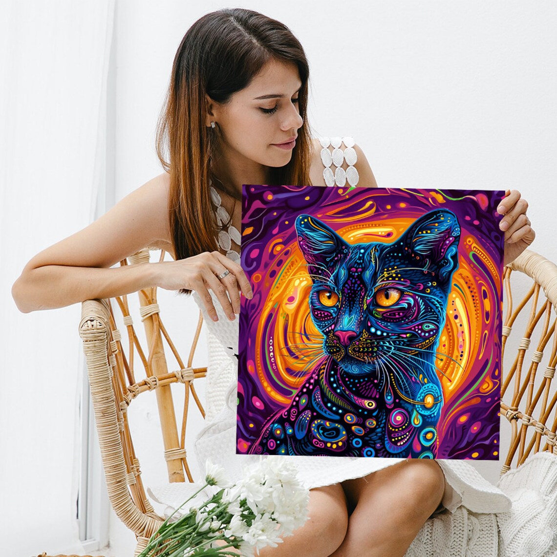 Neon Psychedelic Cat Poster Paisley Dot Pattern Purple Cosmic Art Wall Print - Image 3