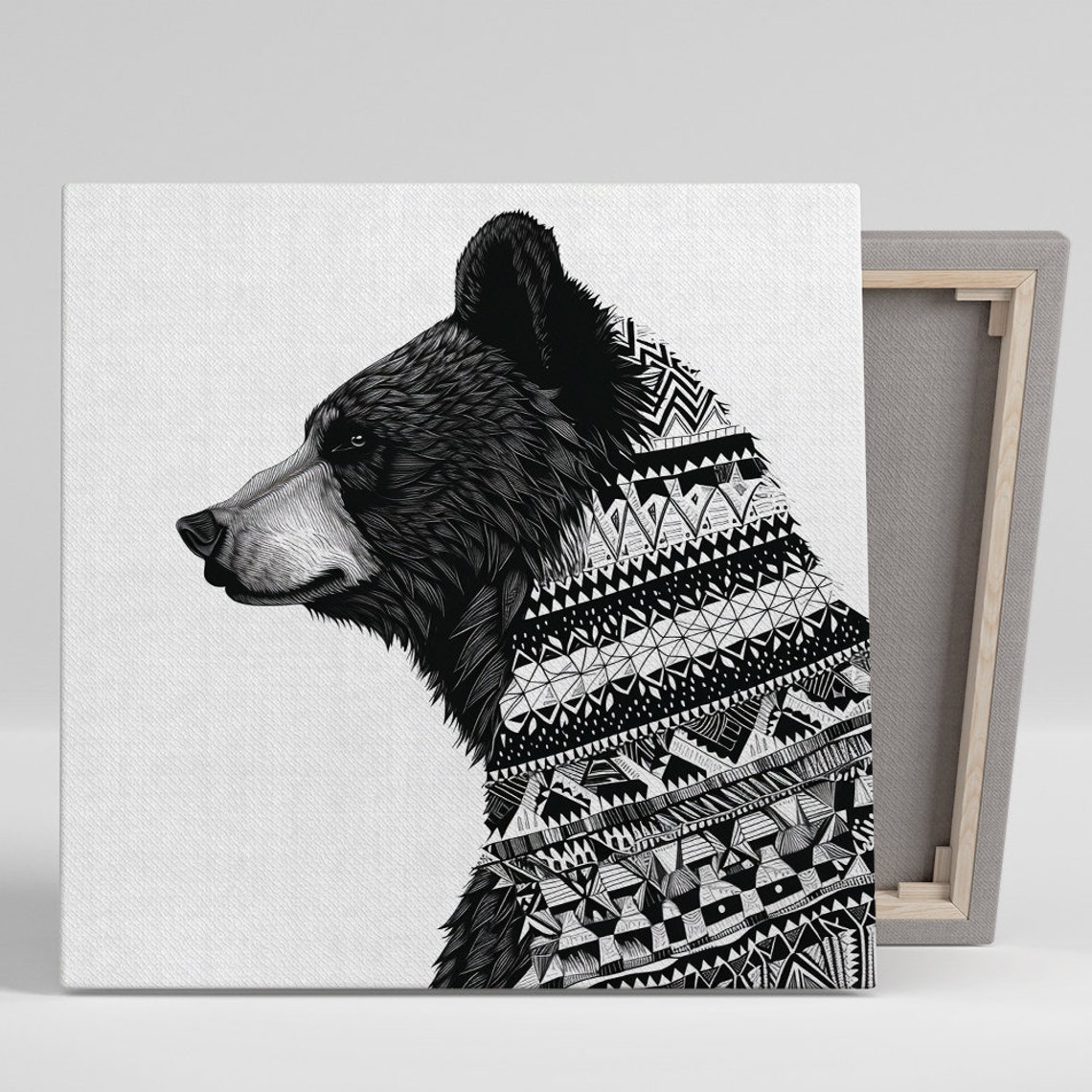 Geometric Bear Profile Poster Black White Tribal Line Art Decor