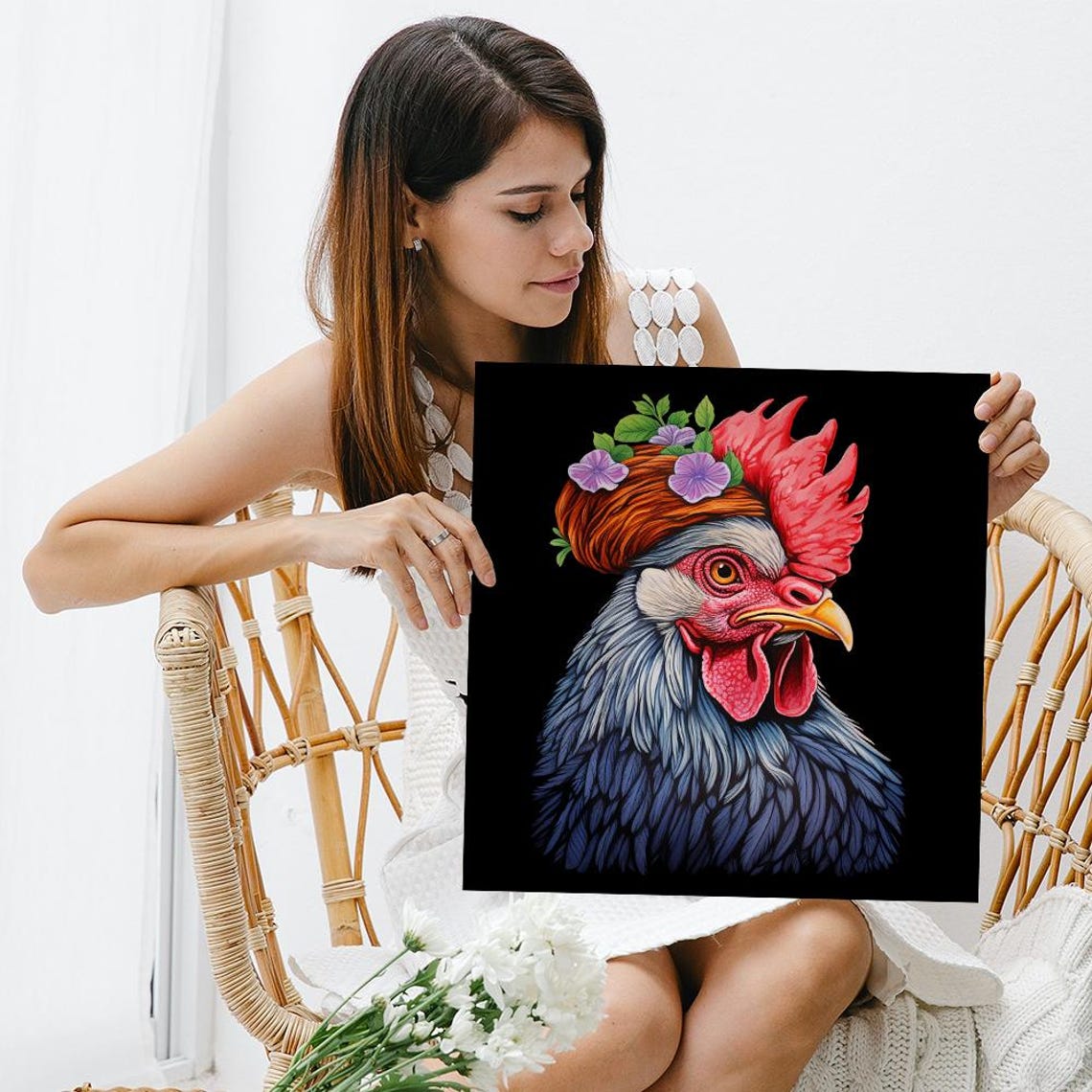 Bohemian Rooster Portrait With Floral Crown On Black Art Poster - Image 3