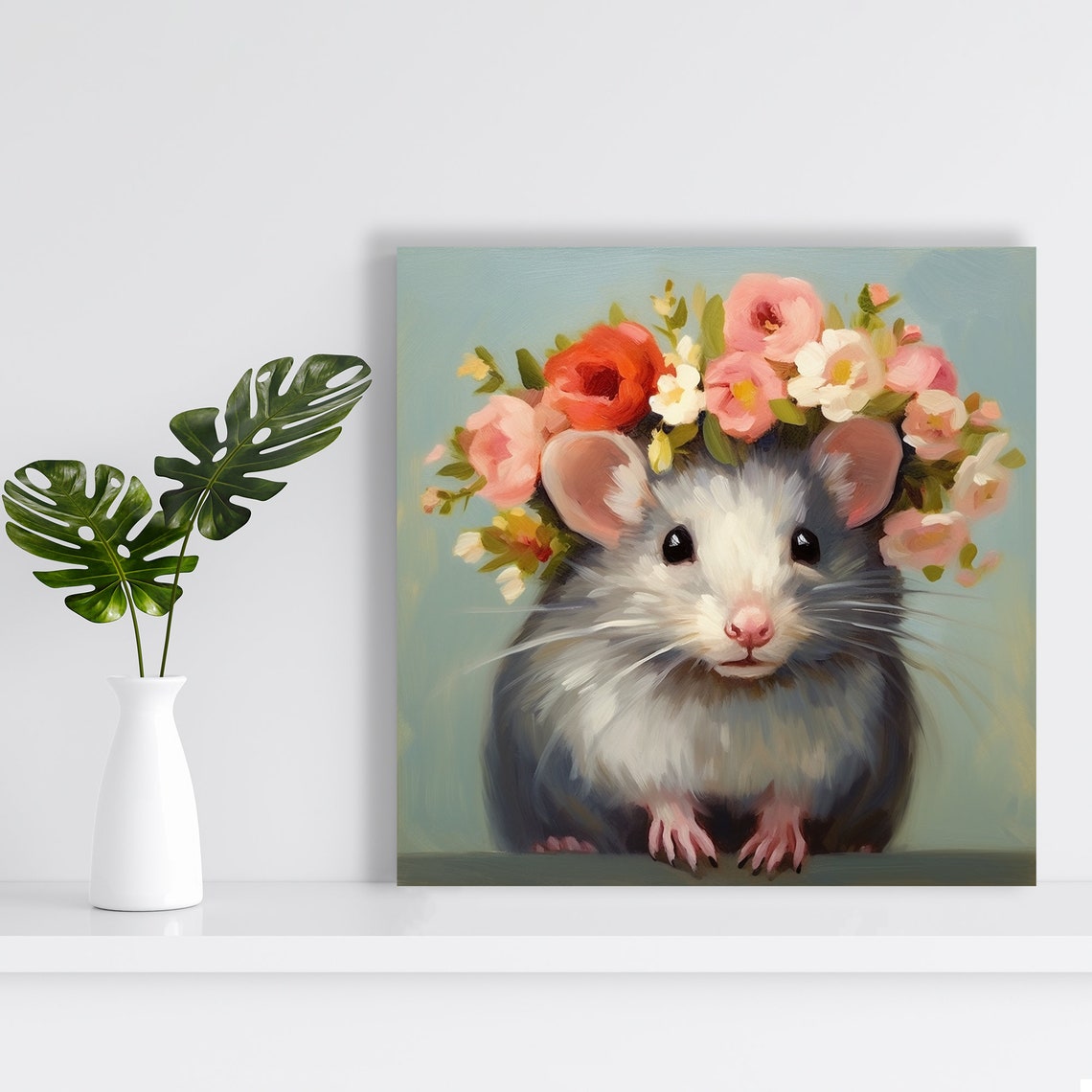 Cute Grey Mouse Wearing Floral Crown Pink Flowers Soft Nursery Poster - Image 2