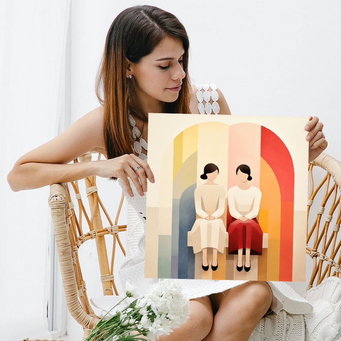 Two Seated Women Under Colorful Arches Mid Century Modern Art Poster - Image 3