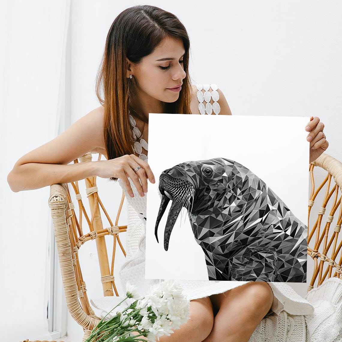 Geometric Low Poly Walrus Portrait Black And White Modern Art Poster - Image 3
