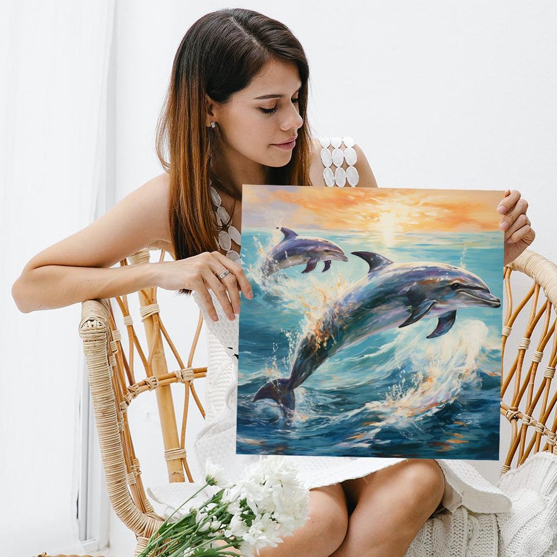 Two Dolphins Leaping Ocean Sunset Waves Coastal Nature Art Poster - Image 3
