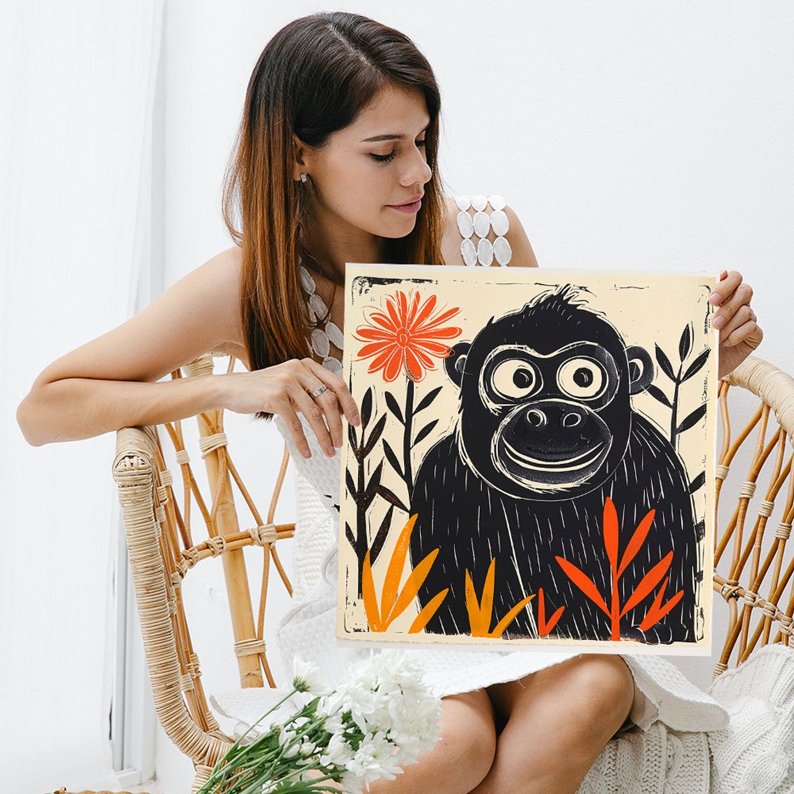 Whimsical Black Monkey With Orange Flowers Print Style Art Poster - Image 3