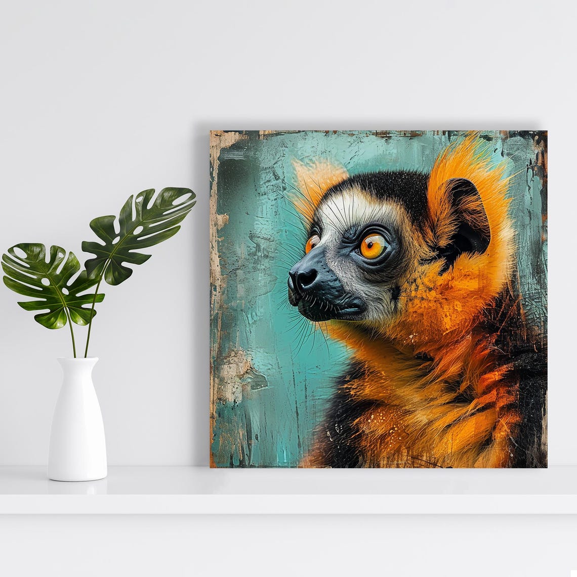 Lemur Gaze Portrait Orange Eared Monkey Teal Grunge Animal Wall Poster - Image 2