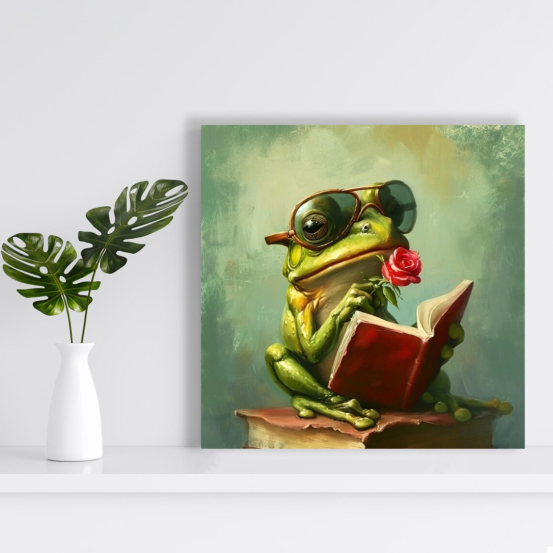 Frog Reading Book Rose Goggles Whimsical Oil Painting Library Wall Poster - Image 2