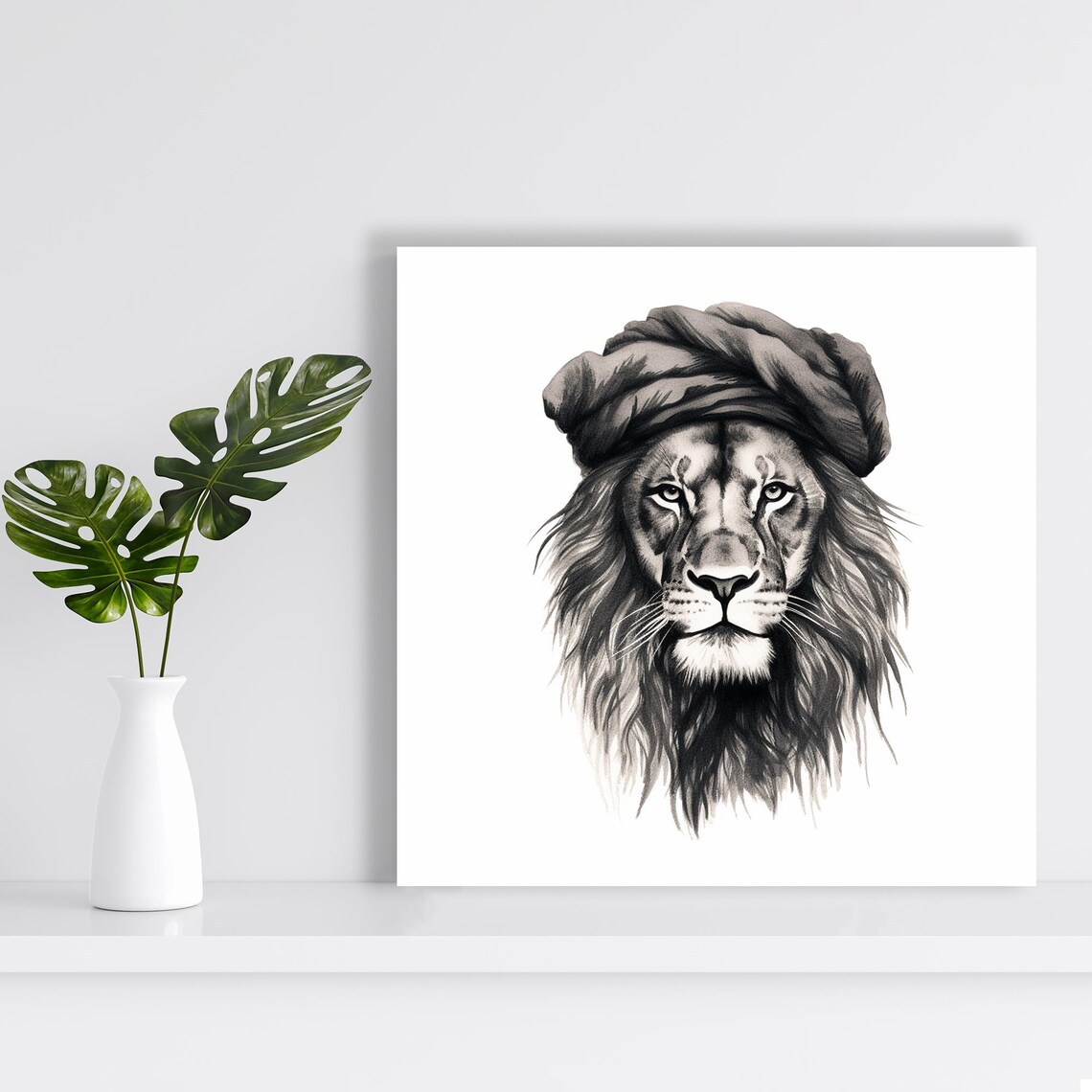 Regal Lion Turban Portrait Black White Sketch Exotic Animal Art Poster - Image 2
