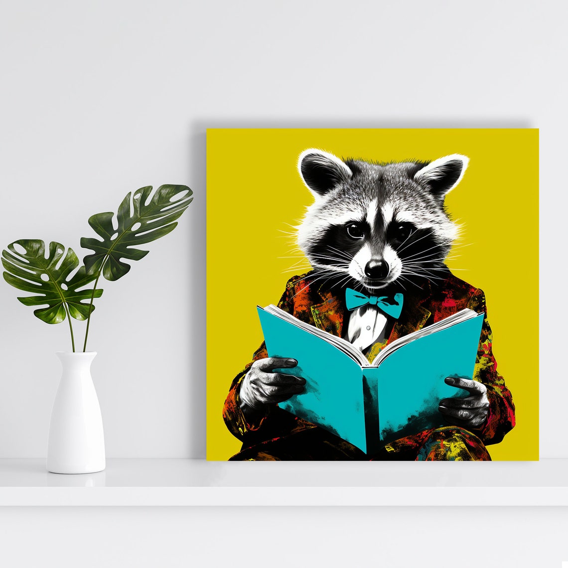 Dapper Raccoon Reading a Book in Suit Pop Art Yellow Wall Poster - Image 2