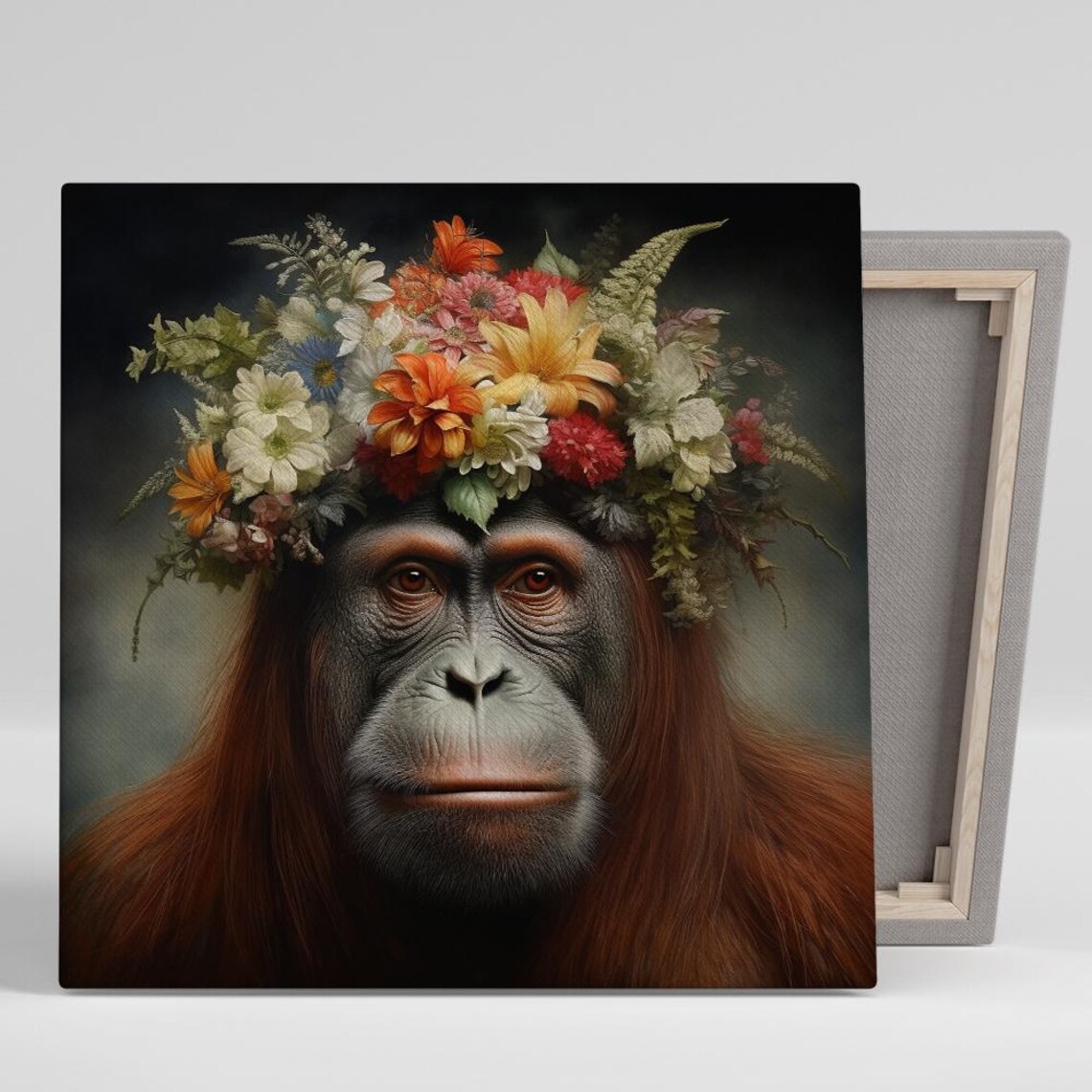 Orangutan Floral Crown Moody Wildlife Portrait Animal Art Poster
