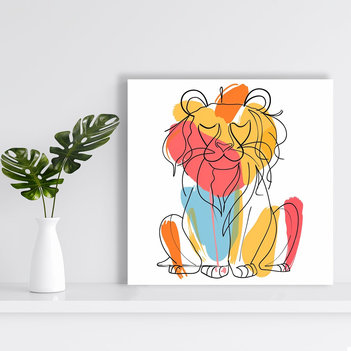 Abstract Lion One Line Drawing Bold Color Blocks Modern Animal Poster - Image 2