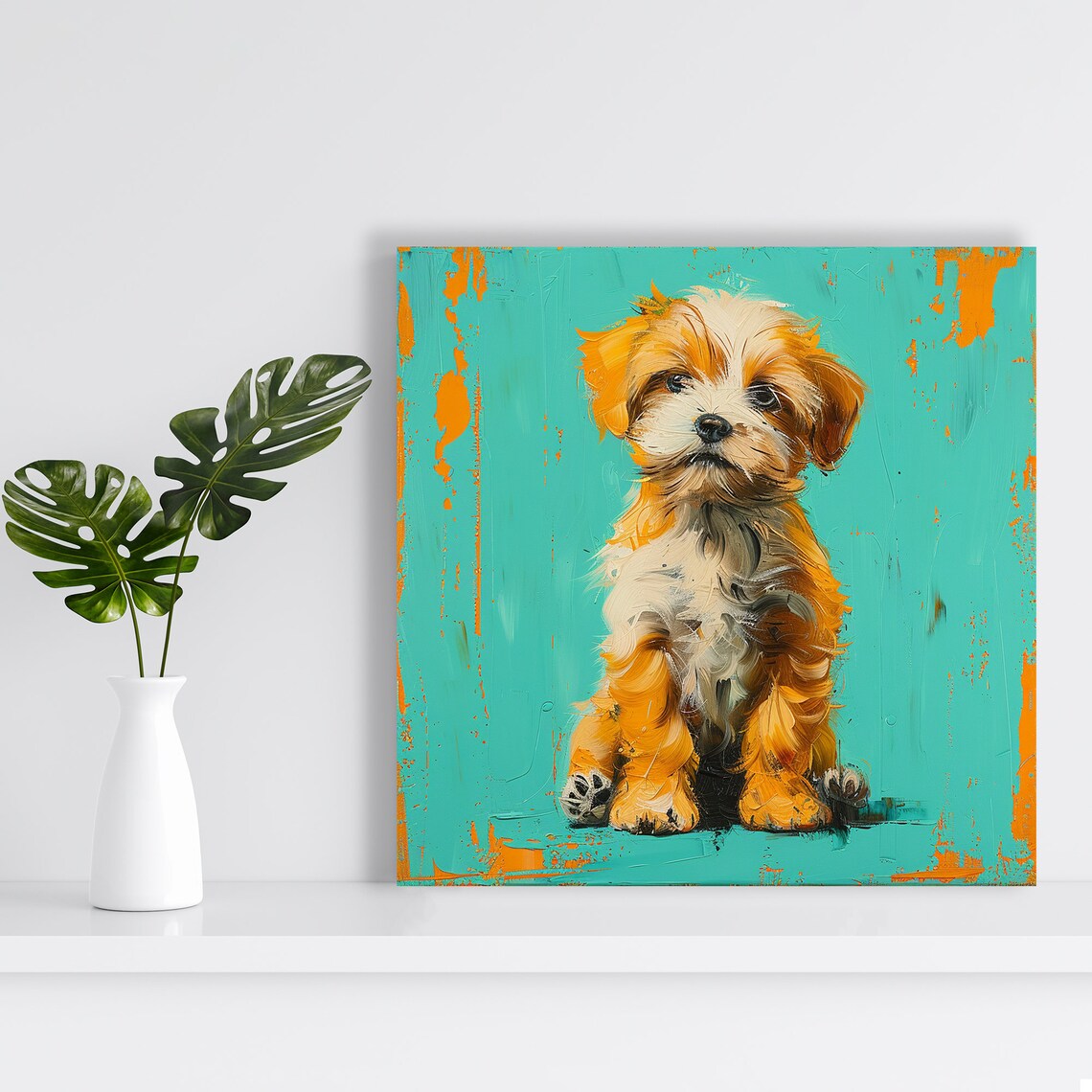 Fluffy Puppy Sitting Teal Background Sweet Painted Portrait Dog Poster - Image 2