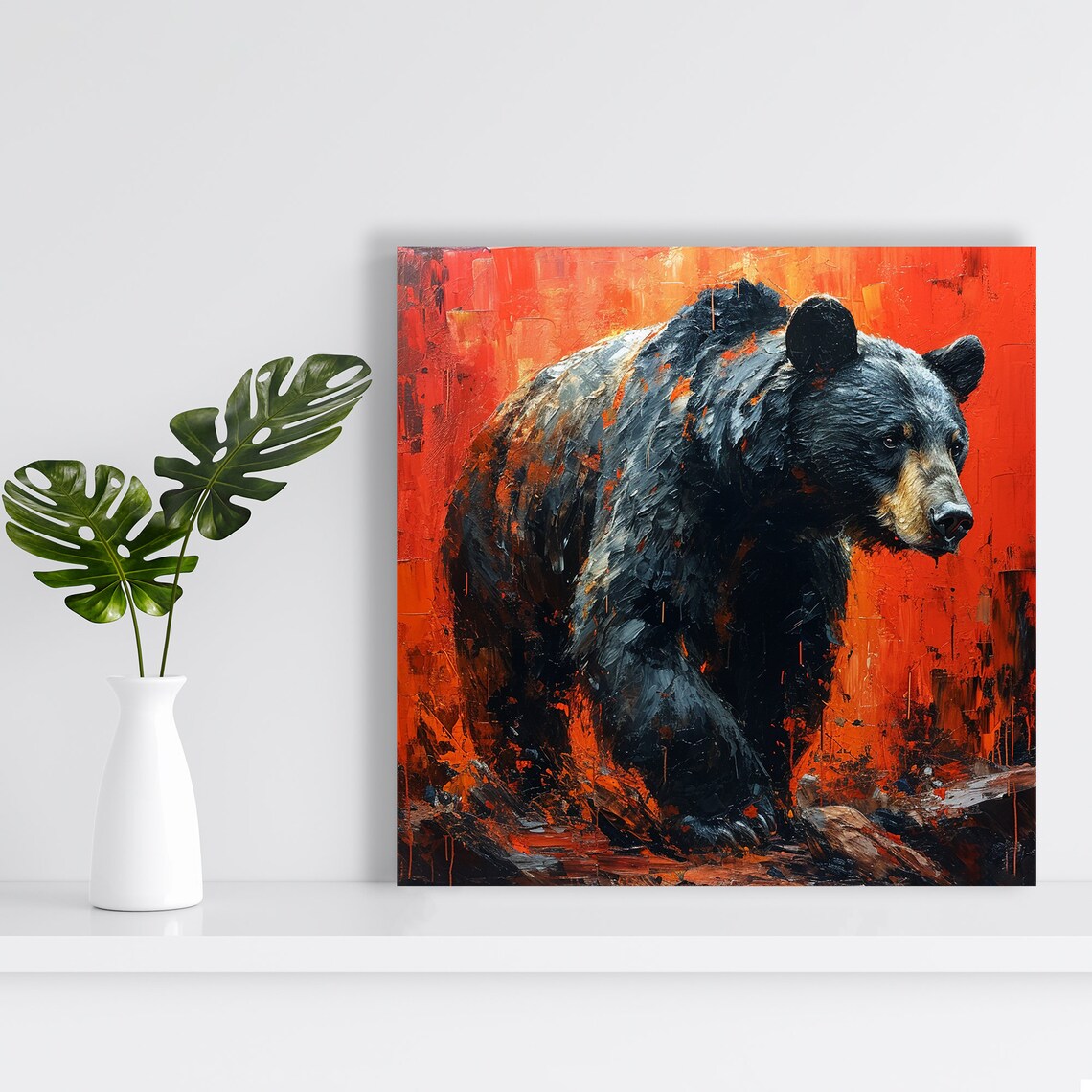 Black Bear Fiery Red Orange Oil Painting Dramatic Wildlife Wall Poster - Image 2