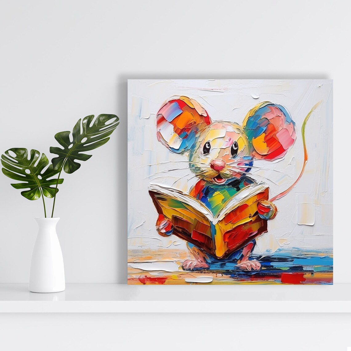 Colorful Reading Mouse Poster Rainbow Book Lover Impasto Kids Room Wall Art - Image 2