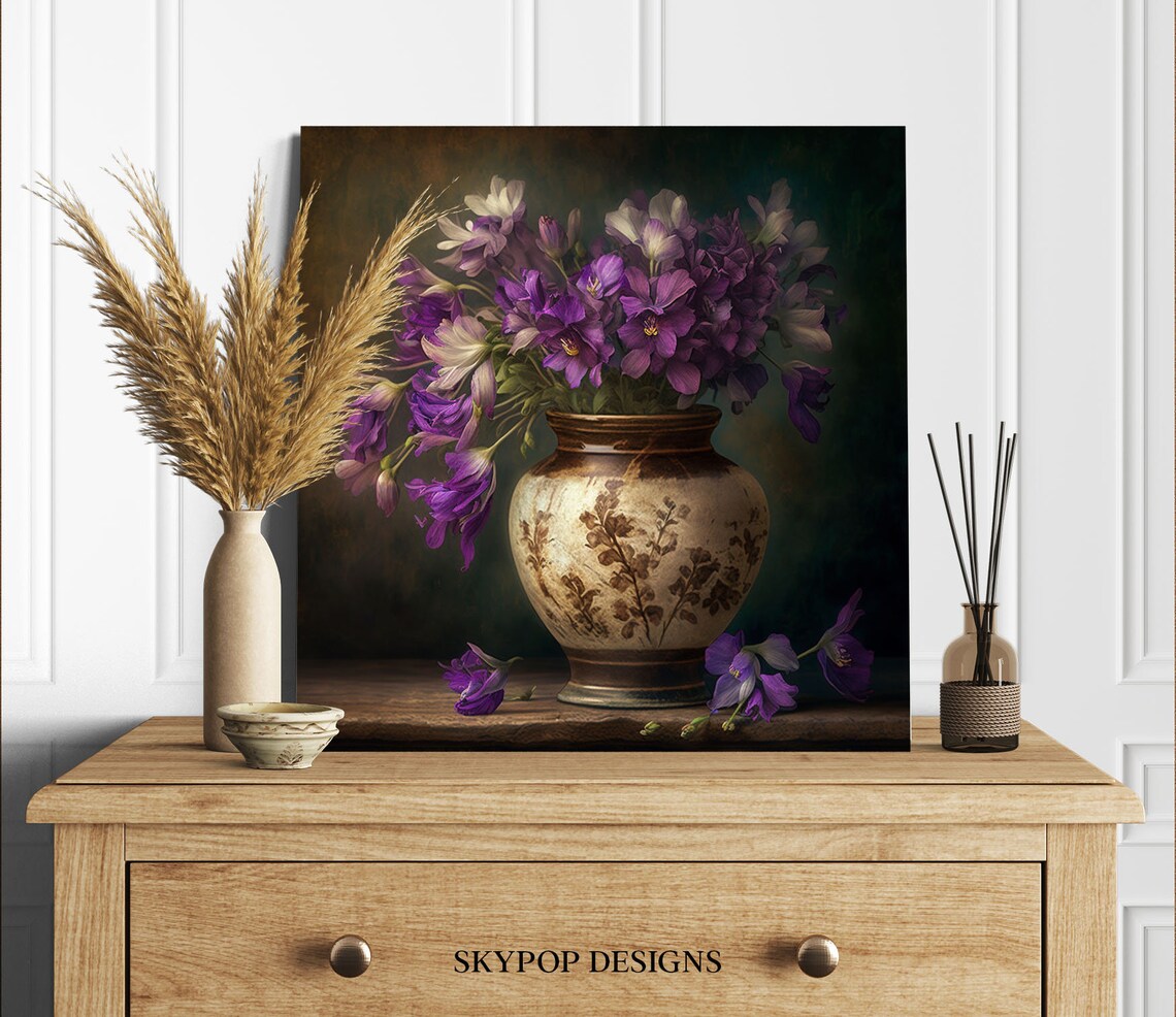 Purple Violet Flowers Still Life Vase Dark Moody Floral Canvas Poster - Image 2