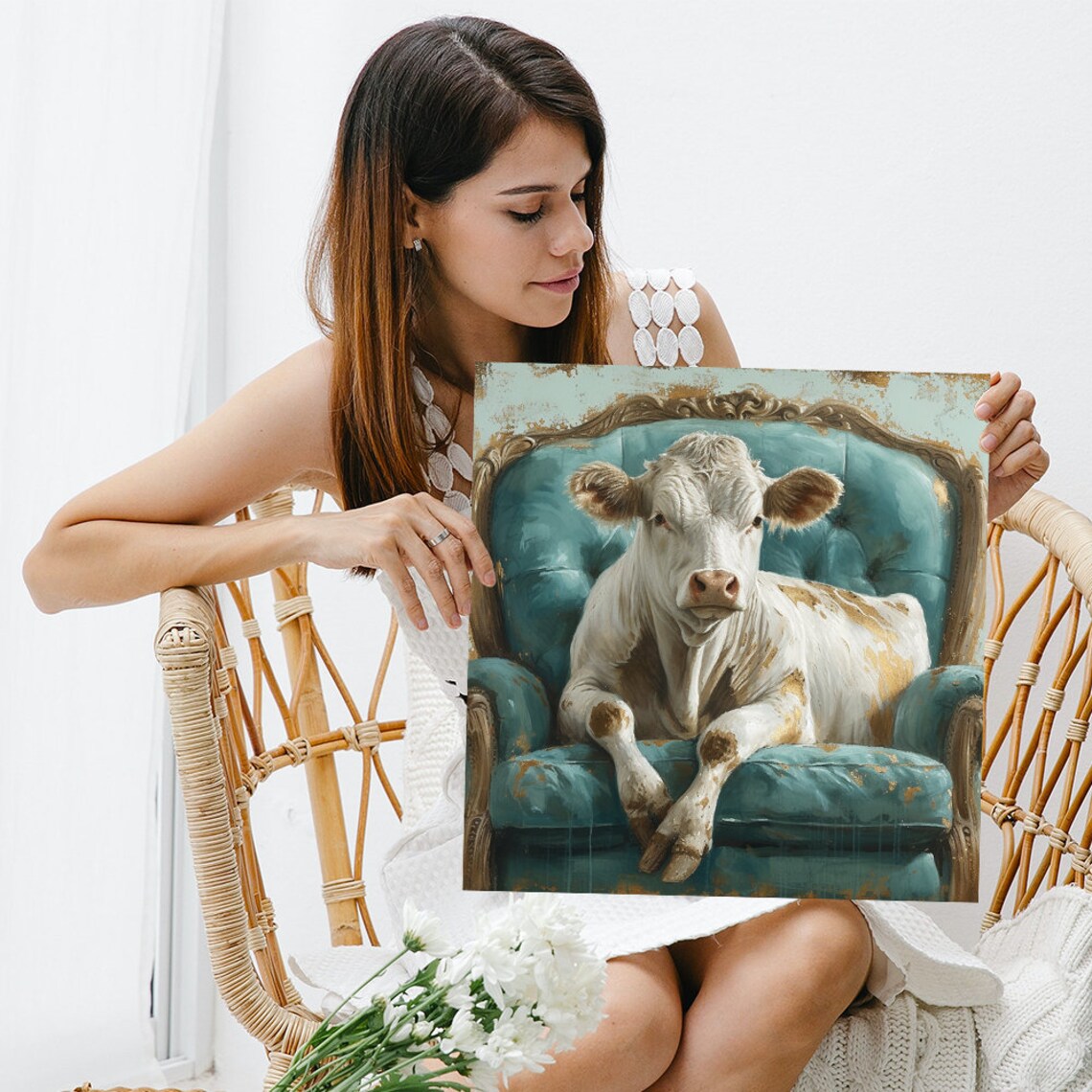 Regal Bovine Repose, Whimsical Rustic Wall Art Print - Image 3