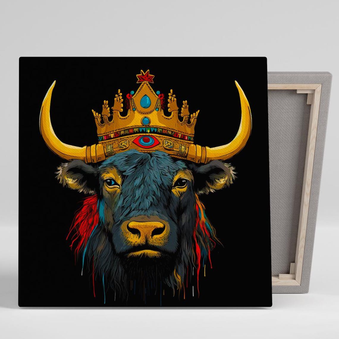 Highland Cow Gold Crown Pop Art Black Background Wall Art Poster