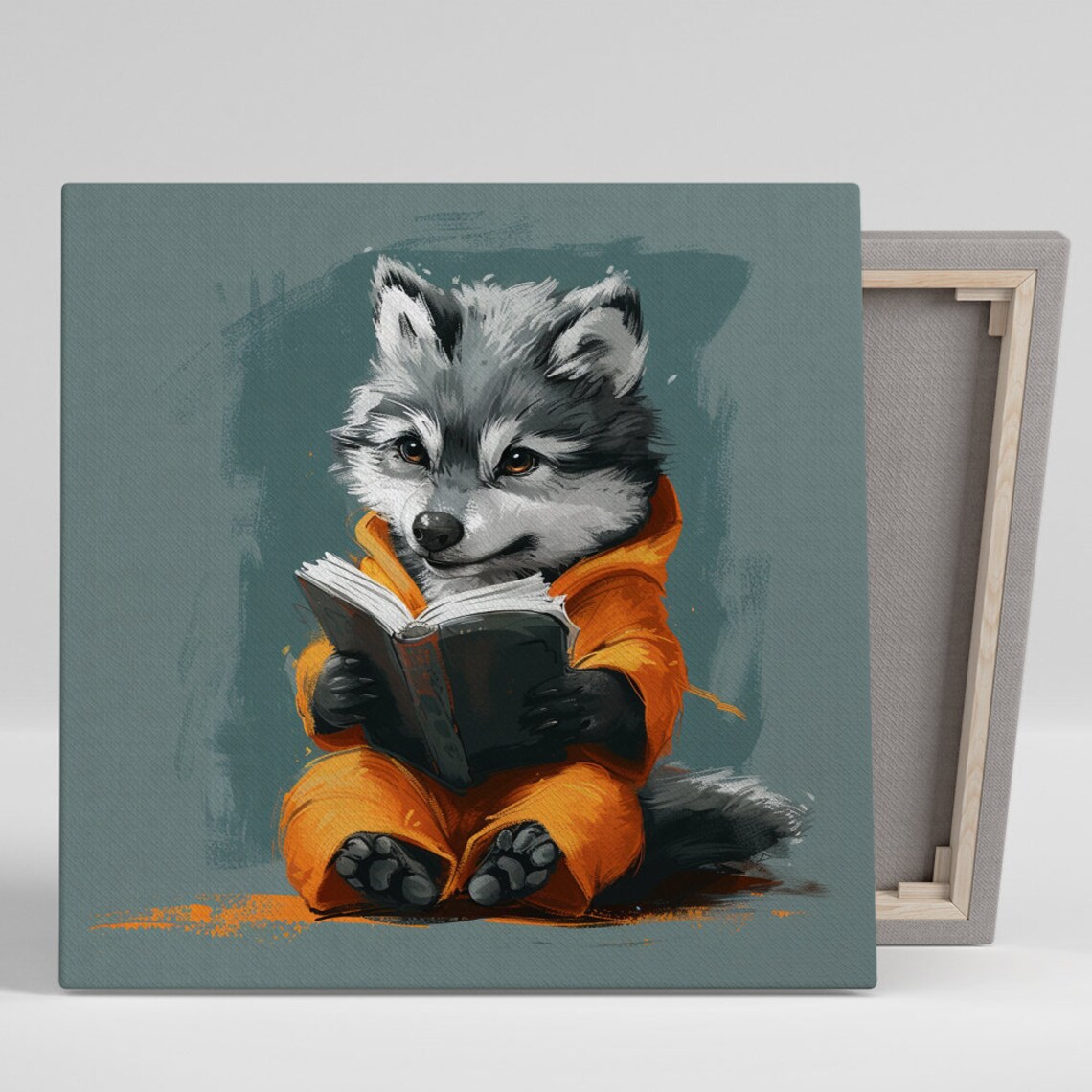 Baby Wolf Reading Book Orange Pajamas Cute Woodland Wall Poster