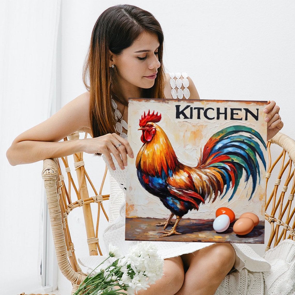 Vibrant Rooster Kitchen Sign with Eggs Rustic Farmhouse Wall Poster - Image 3
