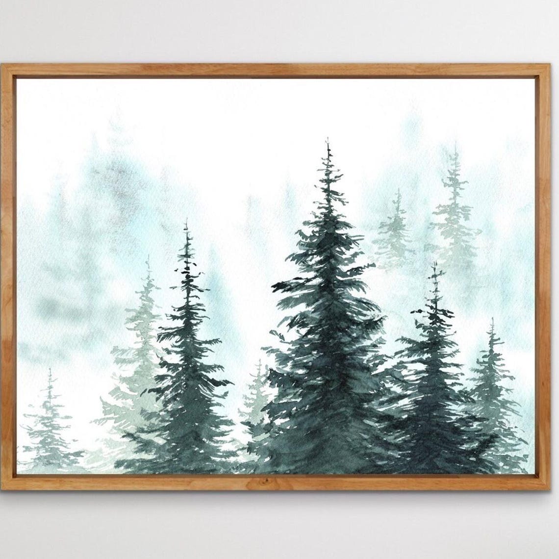 Foggy Evergreen Forest Misty Pine Trees Soft Watercolor Wall Art