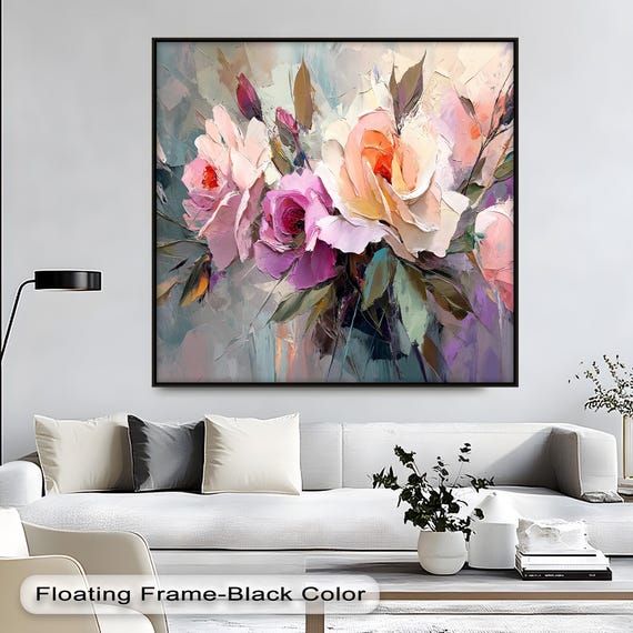 Textured Rose Canvas Art Abstract Floral Painting Pink Peach Hues