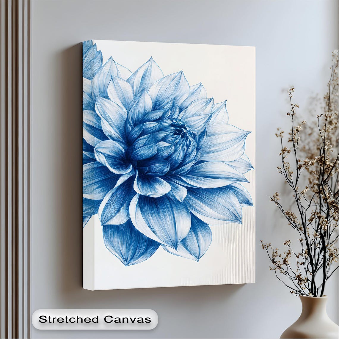 Blue Dahlia Canvas Print Large Elegant Floral Bloom Modern Flower Art