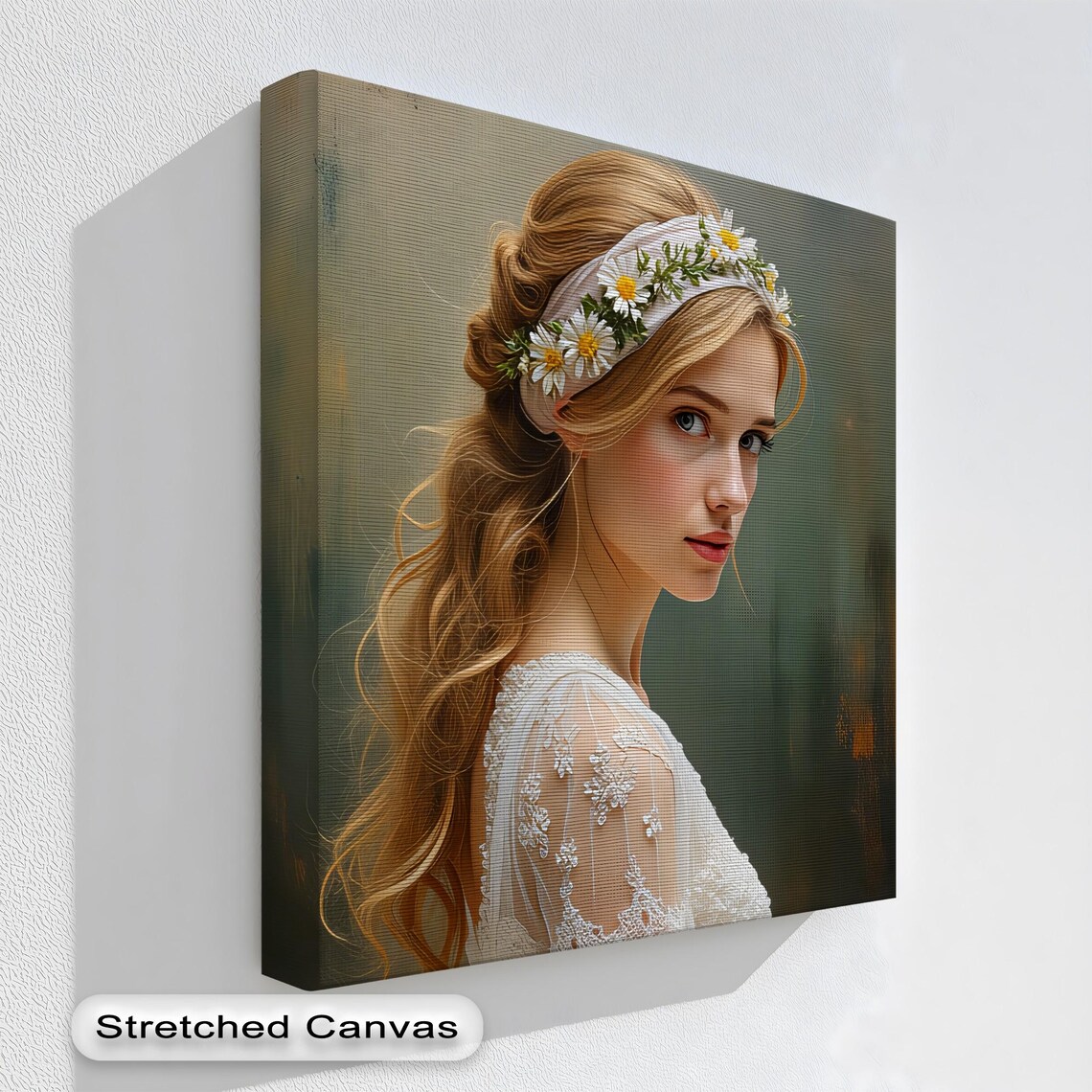 Blonde Woman Daisy Flower Crown Romantic Boho Portrait Wall Art