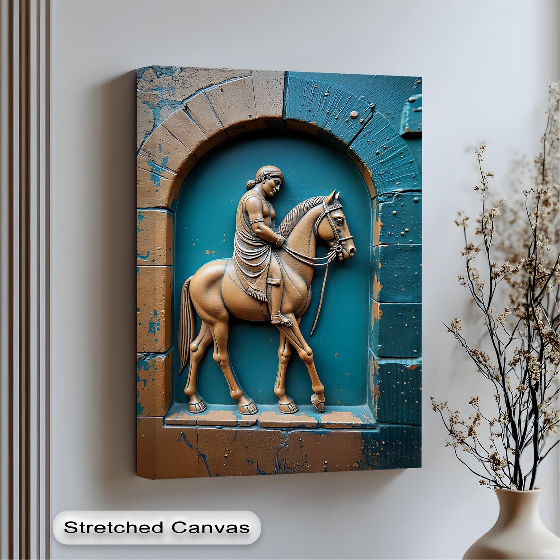 Equestrian Rider Horseback Relief Sculpture Gold Teal Canvas Wall Art