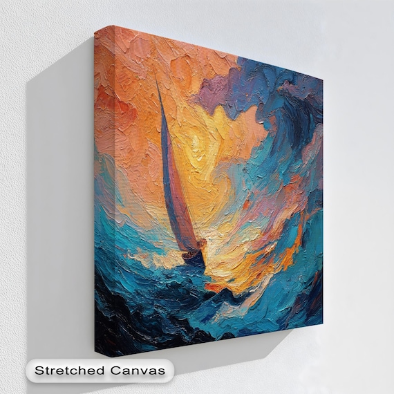Bold Sailboat Sunset Impasto Dramatic Ocean Wave Canvas Wall Art