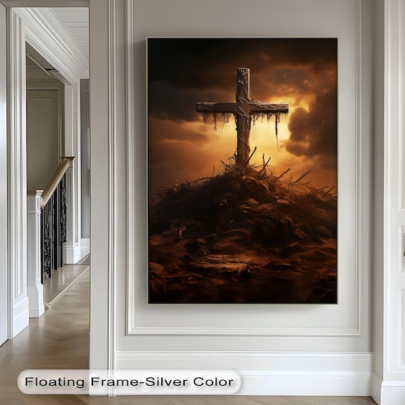 Weathered Wooden Cross on Rocky Hill Stormy Sunset Christian Wall Art