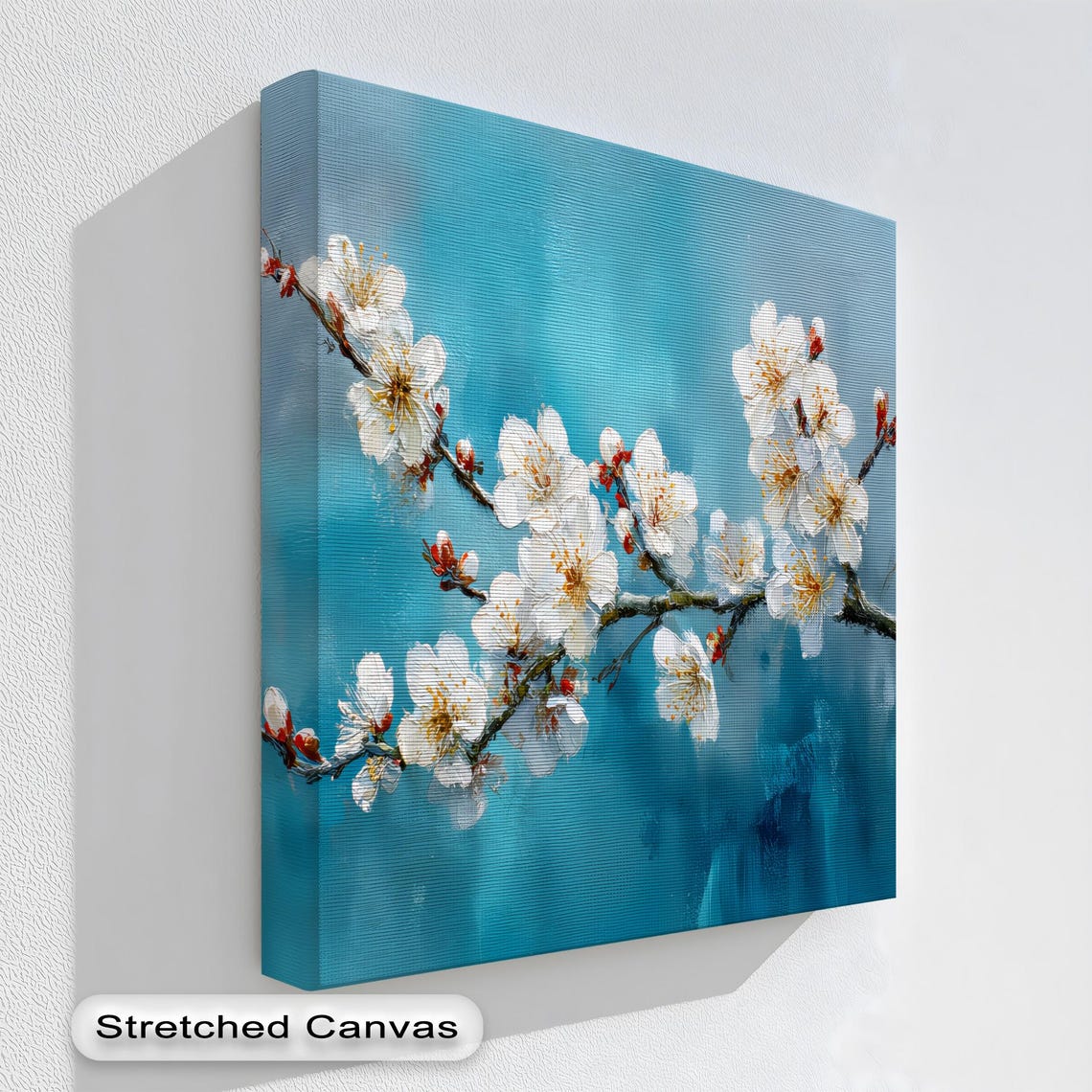 Textured Cherry Blossom Branch White Flowers Turquoise Canvas Wall Art