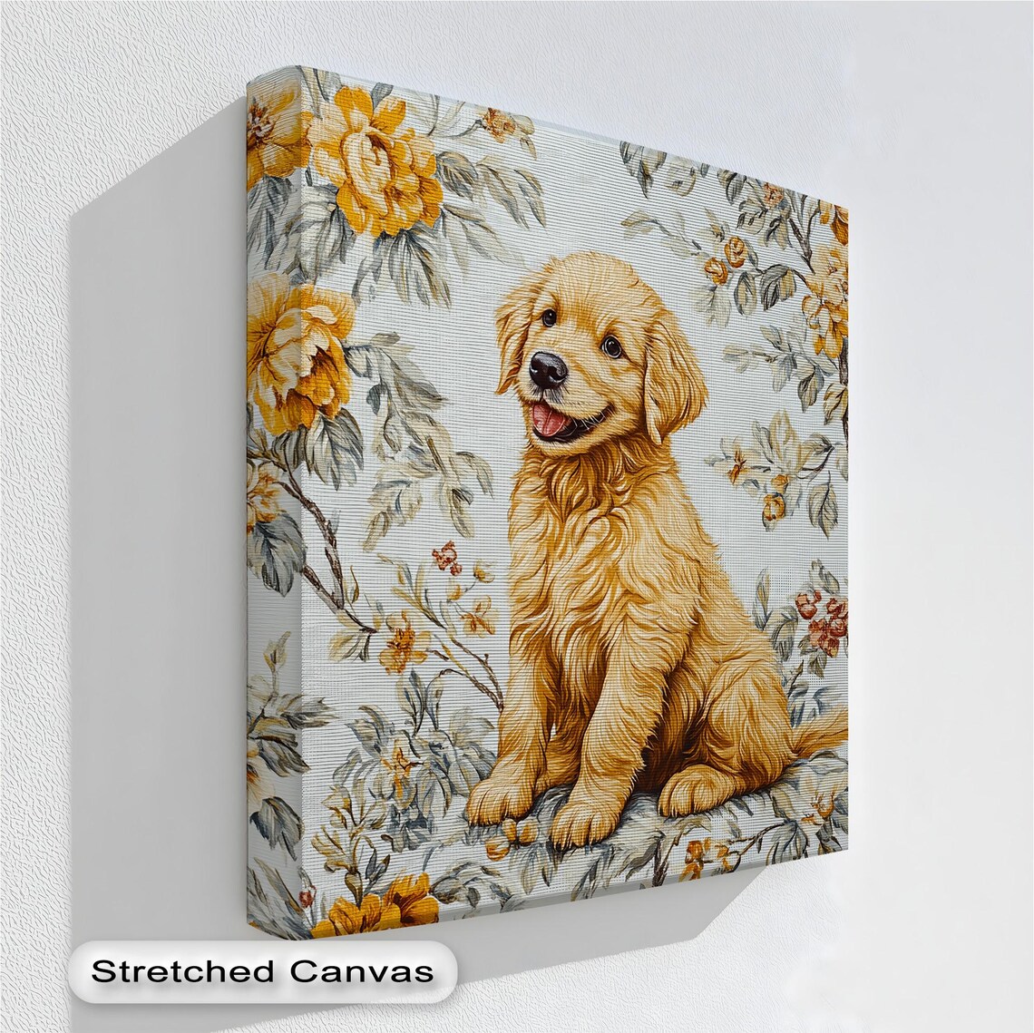 Golden Retriever Puppy Floral Canvas Art Watercolor Flower Dog Poster