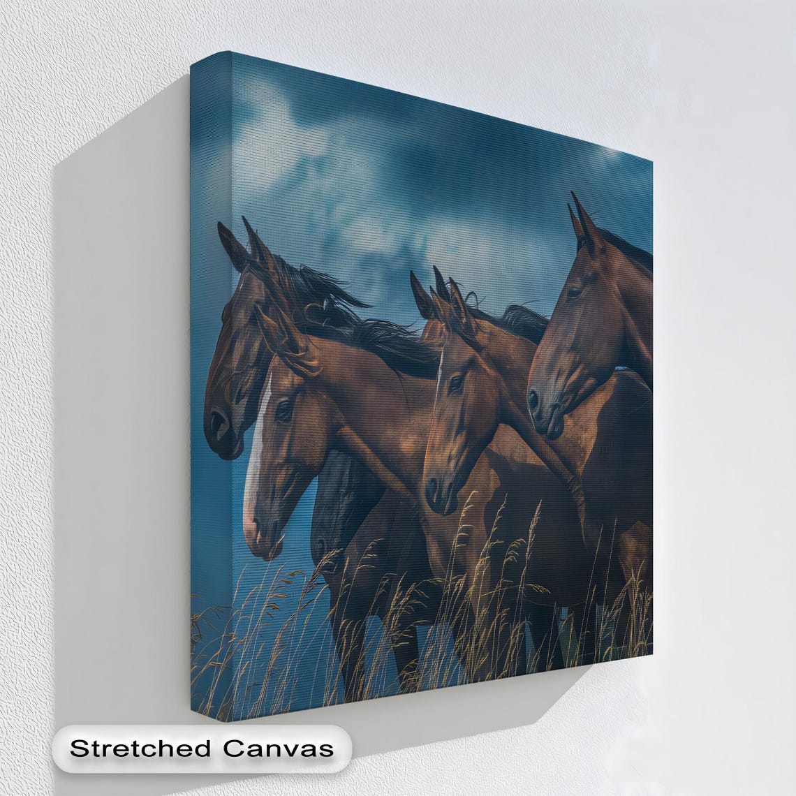 Wild Horses Running Herd Stormy Teal Sky Dynamic Canvas Wall Art