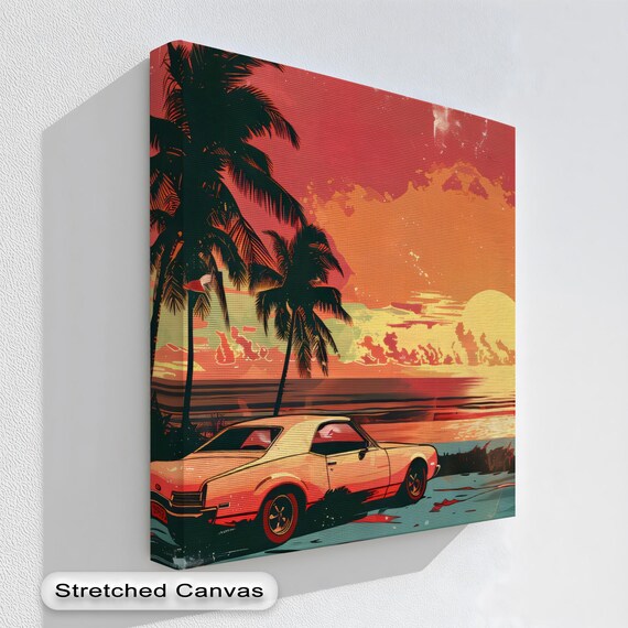 Retro Muscle Car Sunset Canvas Art Tropical Beach Print In Natural Wood Frame