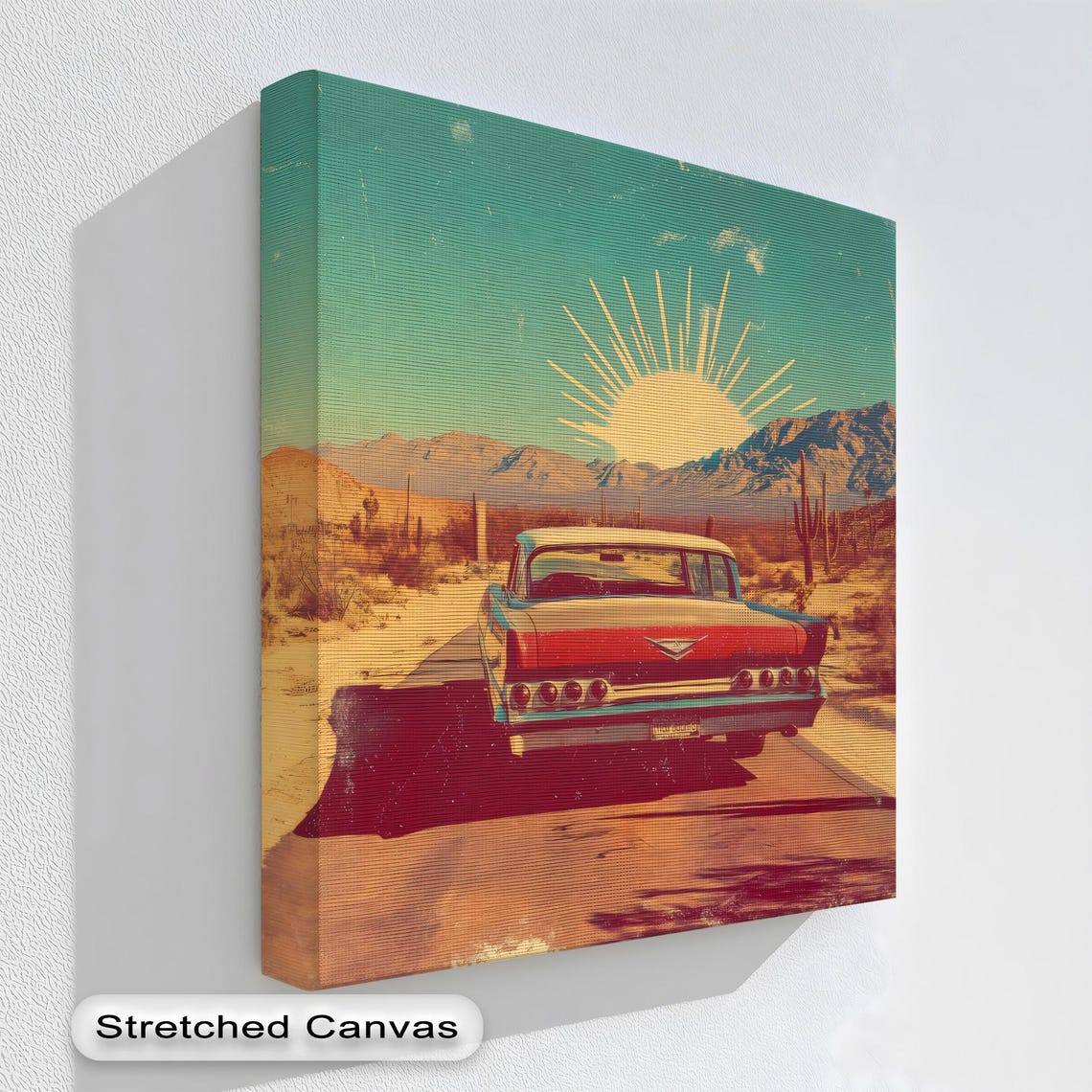 Retro Classic Car Desert Highway Sunset Cactus Road Trip Wall Art