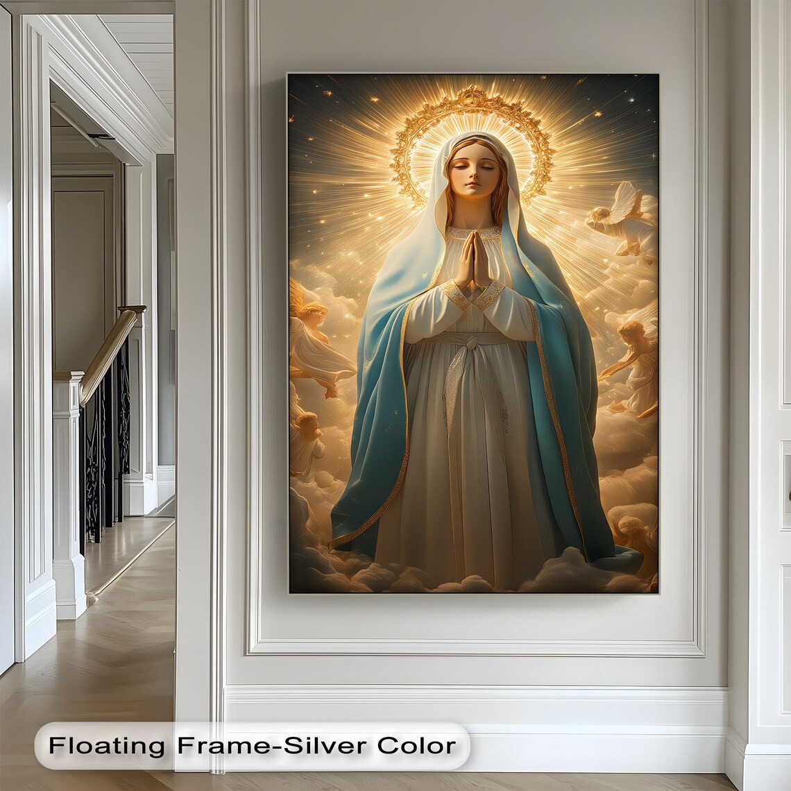 Virgin Mary Praying Angels Golden Halo Heavenly Religious Art Poster