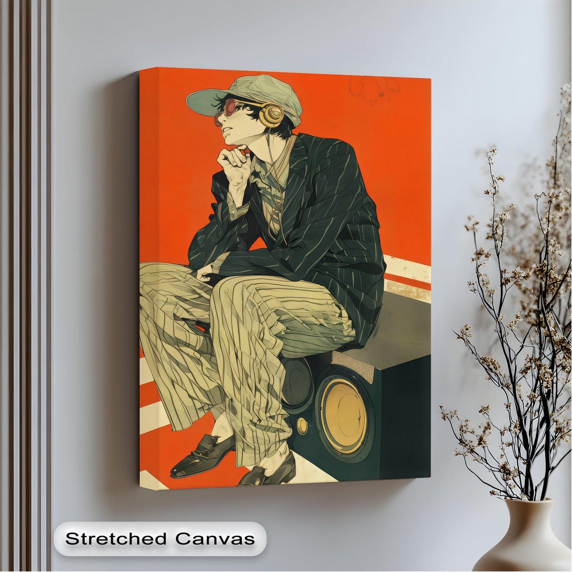 Hipster Boy Headphones Urban Street Style Red Anime Canvas Wall Art