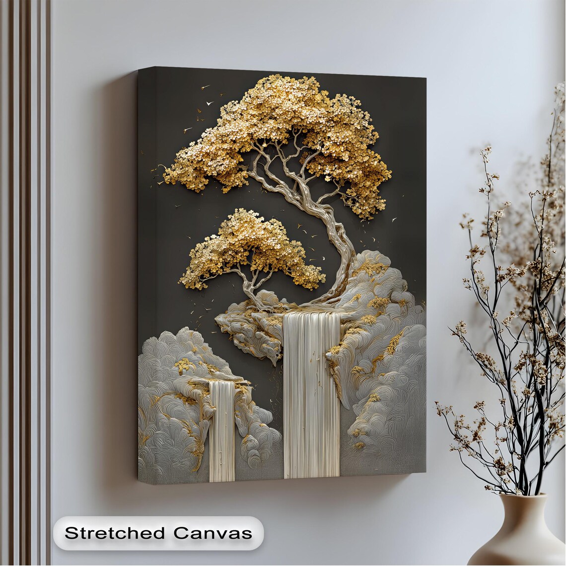 Golden Tree Waterfall Art Print, Nature Landscape