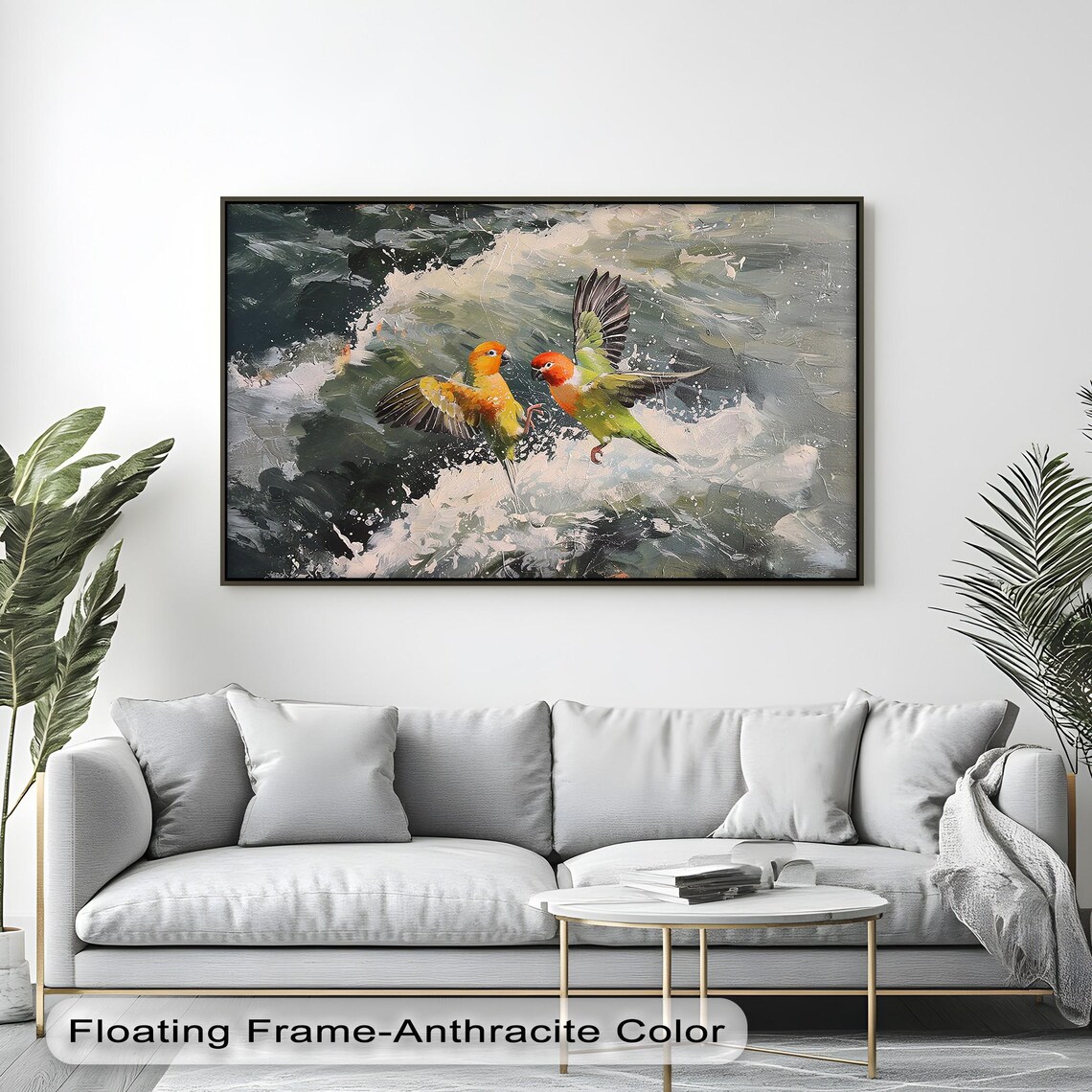Two Colorful Birds Flying Oil Painting Vibrant Wildlife Art Poster