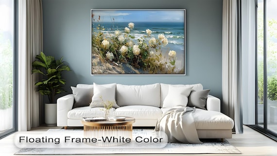 White Coastal Flowers Ocean Dunes Floral Beach Scene Art Print