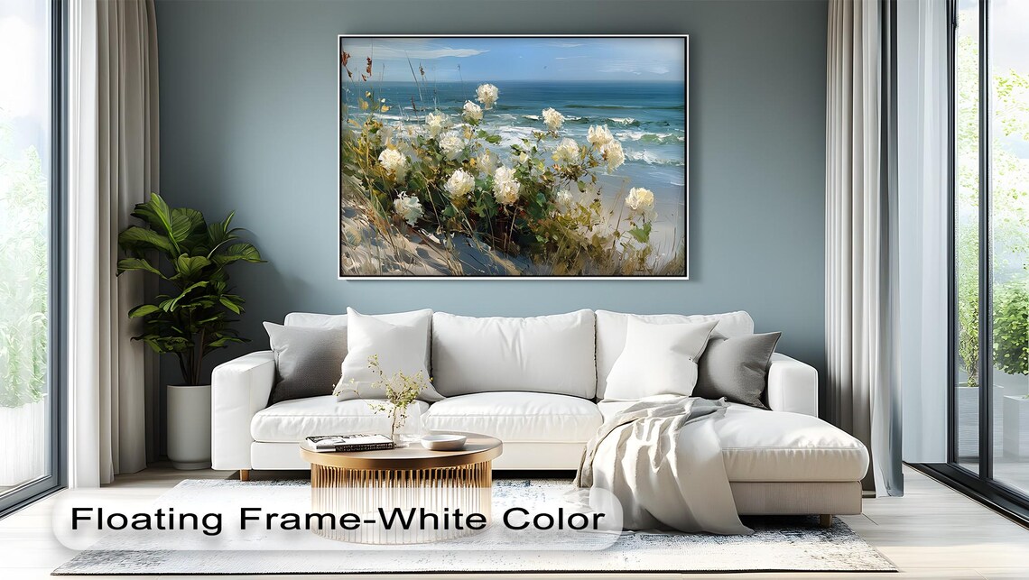 White Coastal Flowers Ocean Dunes Floral Beach Scene Art Print