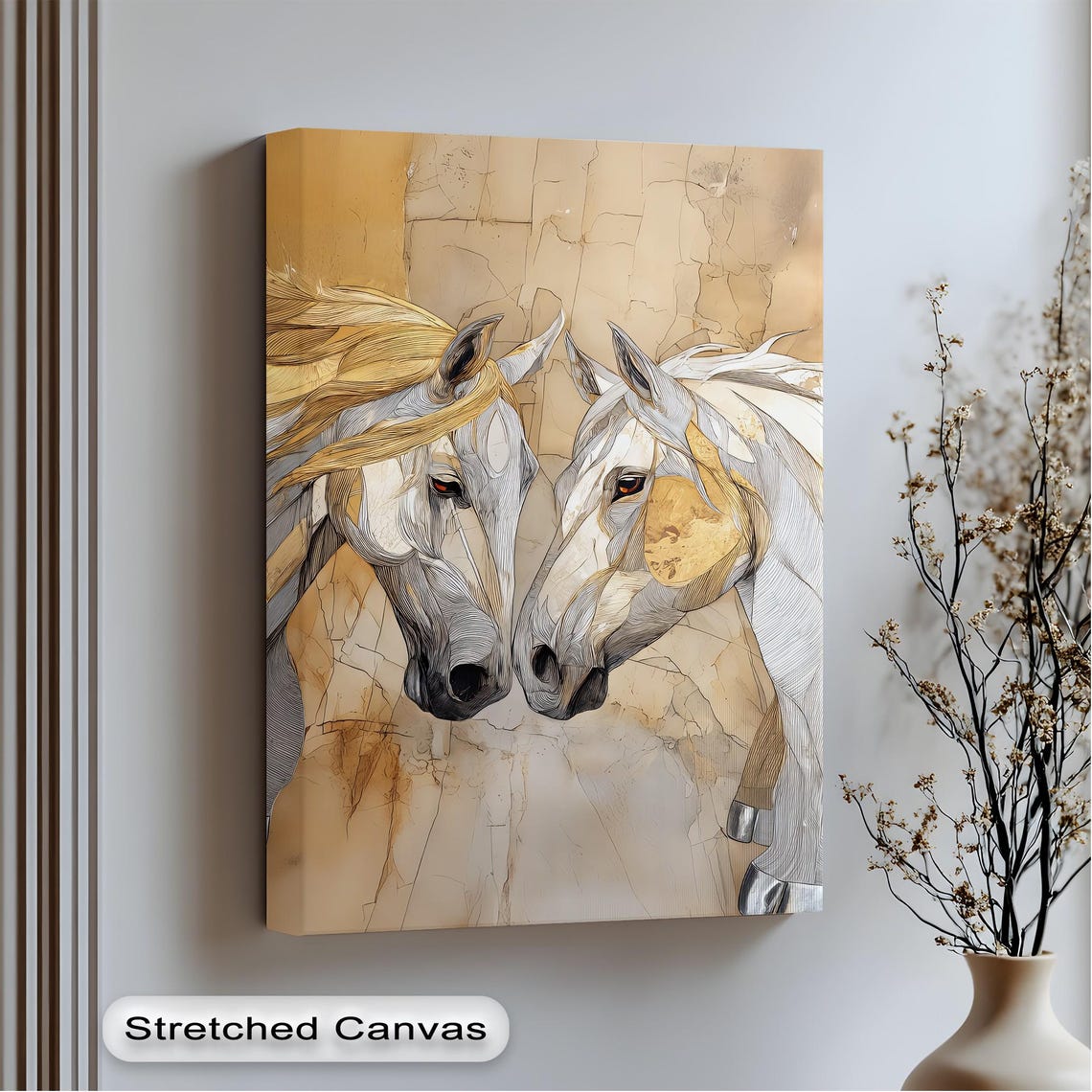 Two White Horses Facing Each Other Warm Beige Equine Wall Art